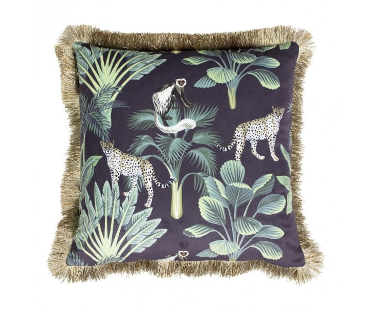 Černý sametový polštář s třásněmi Jungle - 45*45*10cm Mars & More 