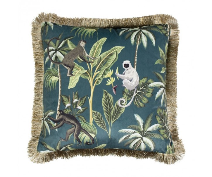 Petrolejový sametový polštář s třásněmi Jungle - 45*45*10cm Mars & More 