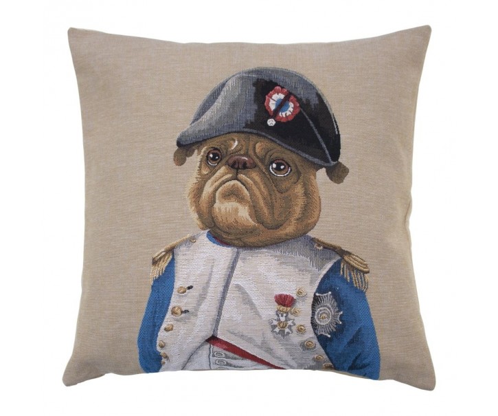 Béžový gobelínový polštář s motivem Buldočka v napoleonské uniformě - 45*15*45cm Mars & More 