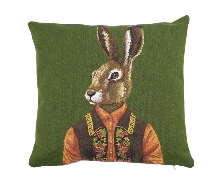Zelený gobelínový polštář se zajícem ve vestě - 45*15*45cm Mars & More 