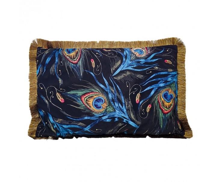 Sametový polštář s pavími pery a zlatými třásněmi - 40*60*10cm Mars & More 