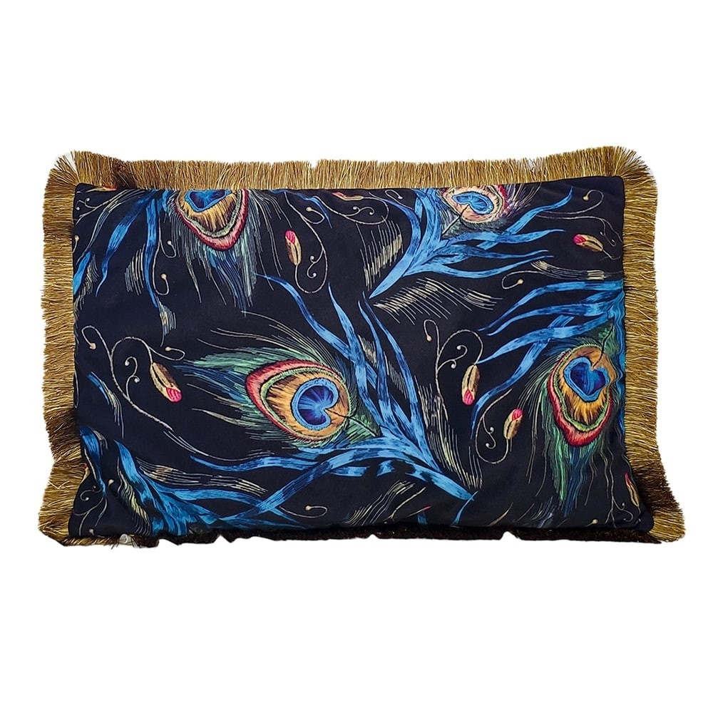 Sametový polštář s pavími pery a zlatými třásněmi - 40*60*10cm