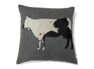 Šedý vlněný polštář s krávou z hovězí kůže / bílo,černá - 45*45*10cm