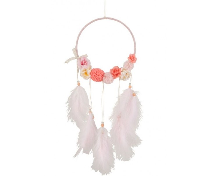 Růžový lapač snů s peříčky Feathers - Ø 20*54cm J-Line by Jolipa