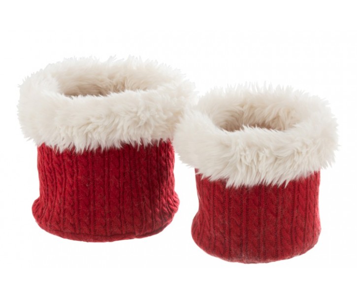 Sada 2 bílo-červených chlupatých obalů na květináče Plush pots – Ø 27 *25 cm J-Line by Jolipa