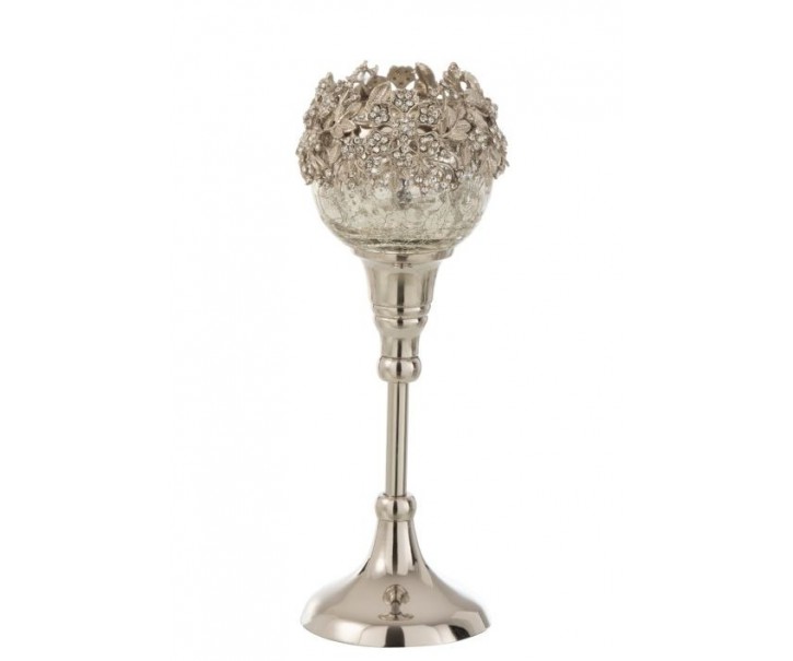 Skleněný svicen na nožičce se stříbrným zdobením a kamínky Luxy - Ø 10*24cm J-Line by Jolipa