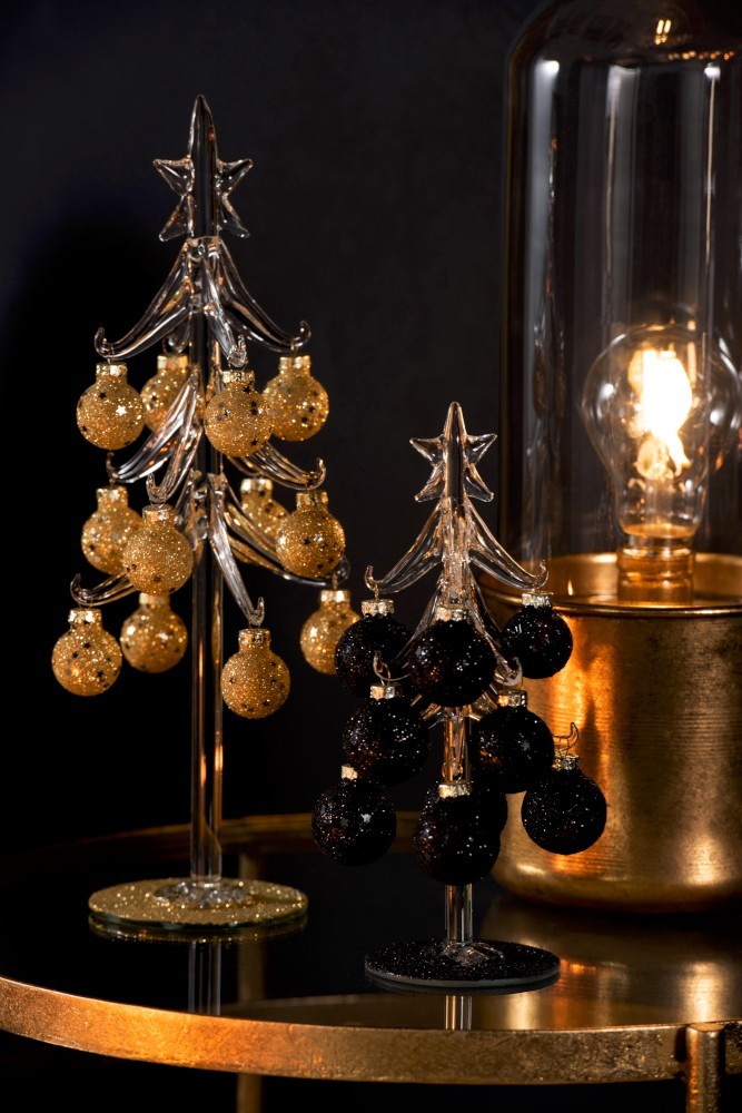 Skleněný stromek s černými koulemi Baubles Stars – 10*10*20 cm J-Line by Jolipa Skleněný stromek s černými koulemi Baubles Stars – 10*10*20 cm J-Line by Jolipa