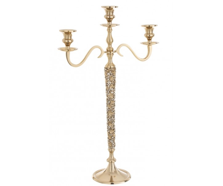 Zlatý kovový svícen na 3 svíčky se zdobením a kamínky Luxy - 40*16*65cm J-Line by Jolipa