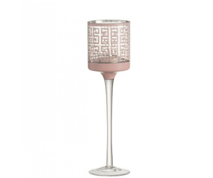 Růžový skleněný svícen na nožičce s ornamenty - Ø 7*25cm J-Line by Jolipa