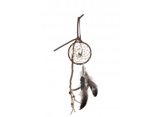 Hnědý lapač snů s korálky a peříčky Feathers - Ø 8*35cm