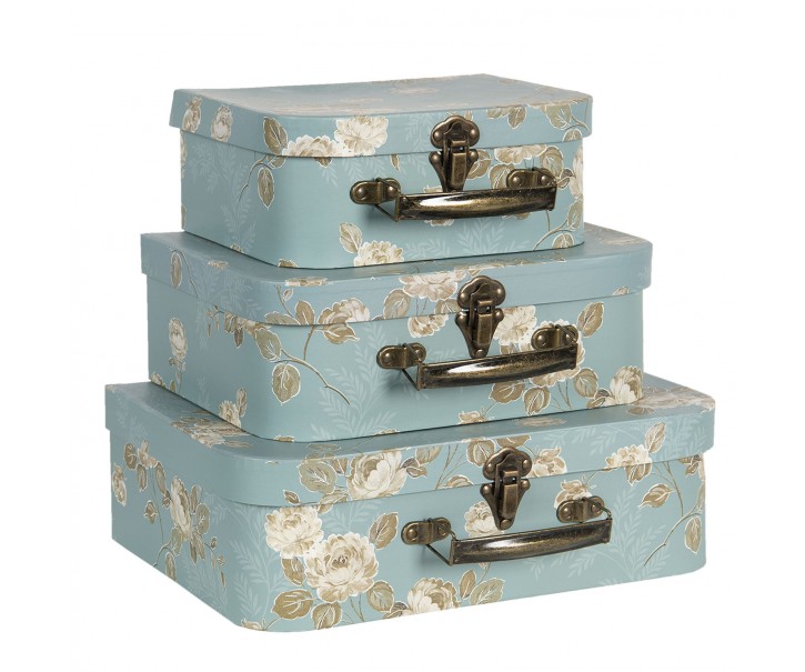 Set 3 ks úložných tyrkysových kufříků s květy - 30*21*9 cm/25*18*9 cm/20*16*8 cm Clayre & Eef