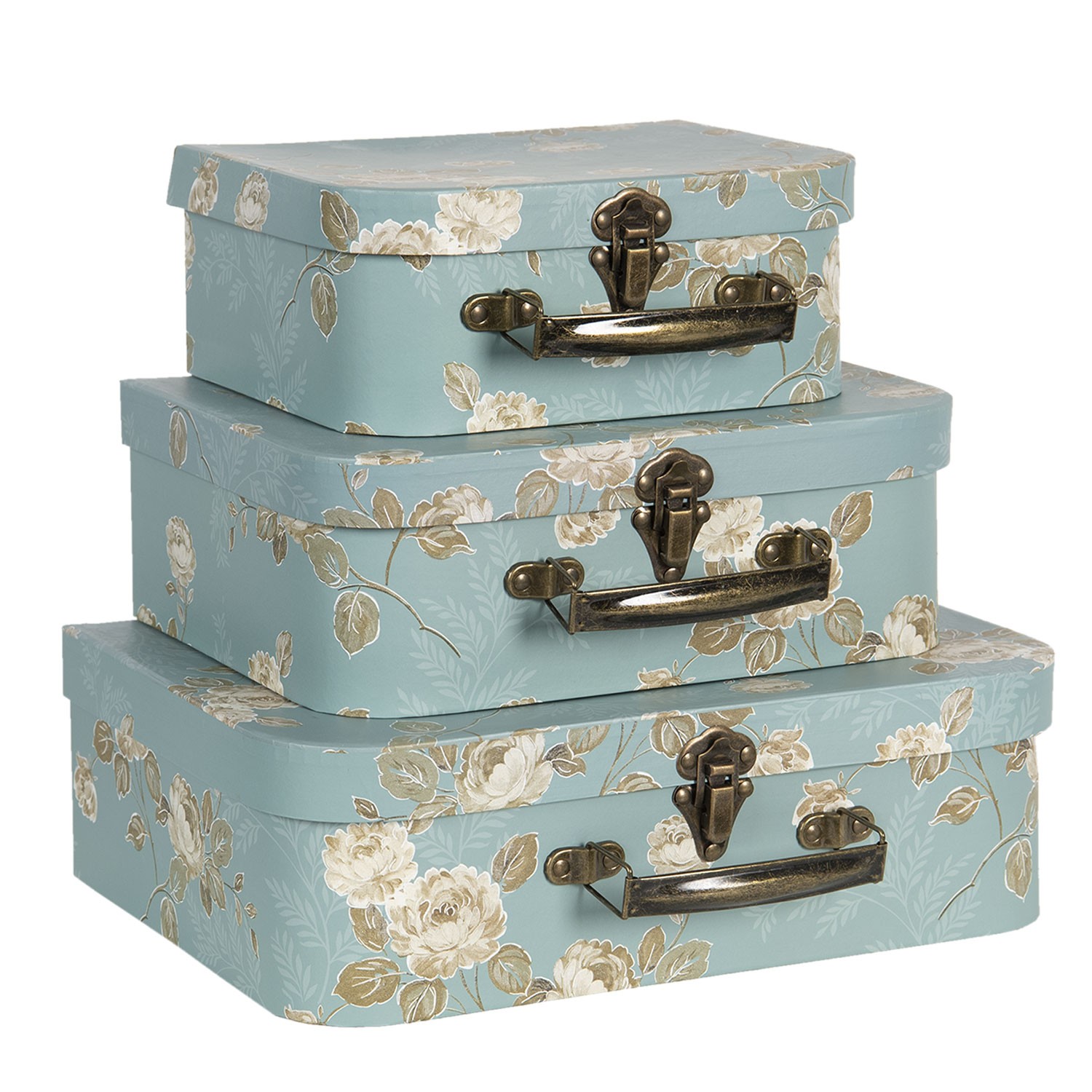 Set 3 ks úložných tyrkysových kufříků s květy - 30*21*9 cm/25*18*9 cm/20*16*8 cm Clayre & Eef Set 3 ks úložných tyrkysových kufříků s květy - 30*21*9 cm/25*18*9 cm/20*16*8 cm Clayre & Eef