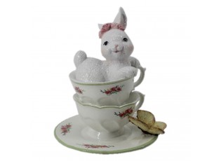 Dekorace bílé králičí slečny v porcelánových šálcích s motýlem - 12*12*15 cm