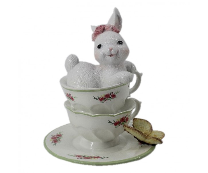 Dekorace bílé králičí slečny v porcelánových šálcích s motýlem - 12*12*15 cm Clayre & Eef