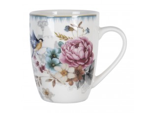 Velký porcelánový hrnek s motivem květin a ptáčka Pivoine - 12*8*10 cm / 0,36 l