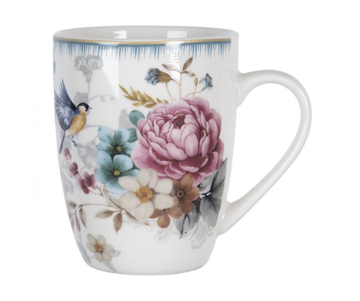 Velký porcelánový hrnek s motivem květin a ptáčka Pivoine - 12*8*10 cm / 0,36 l Clayre & Eef