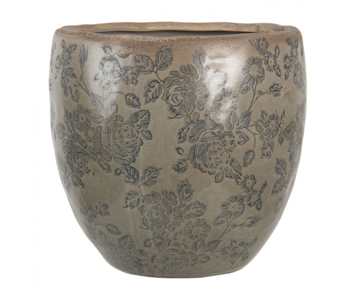 Světle hnědý květináč s květinami, patinou a popraskáním - Ø 20*19 cm Clayre & Eef