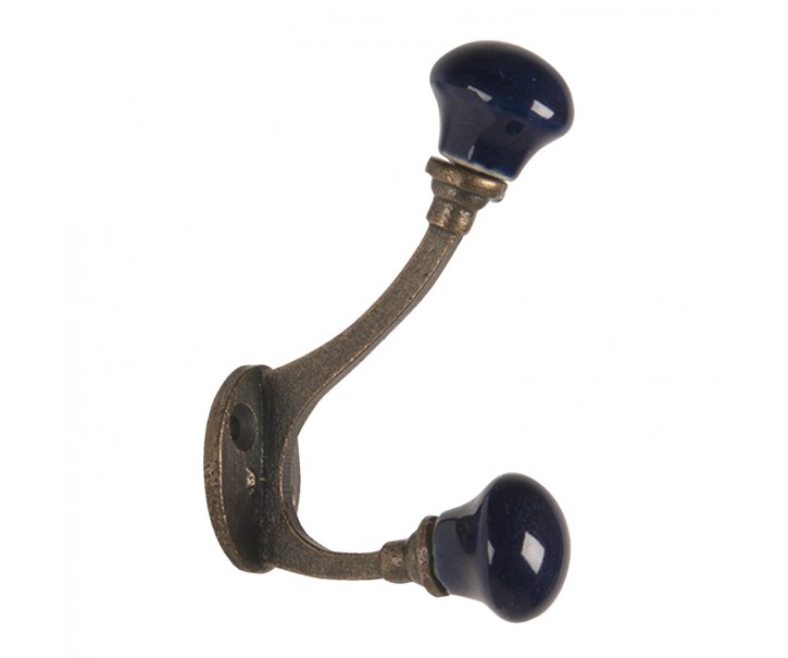 Nástěnný kovový háček s tmavě modrou knopkou - 5*3*9 cm Clayre & Eef