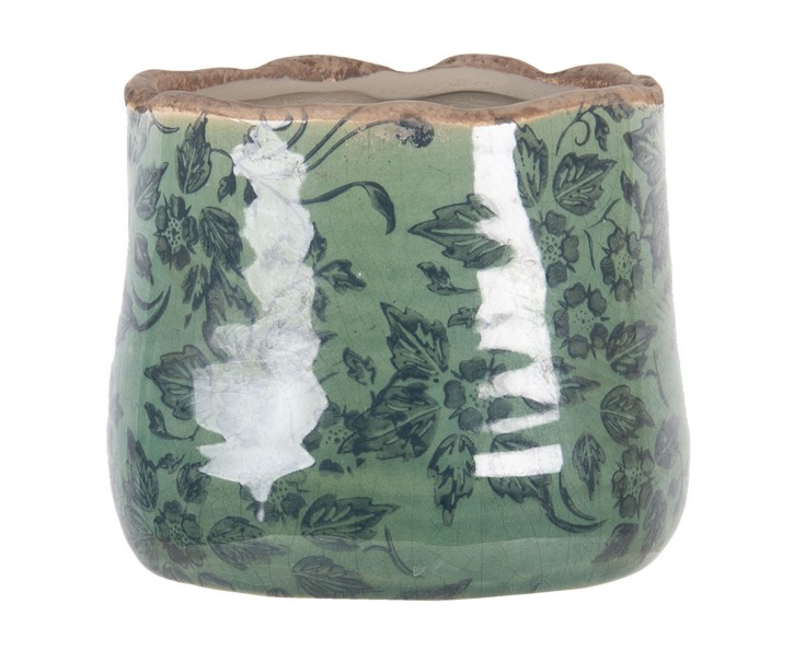 Zelený obal na květináč s květy a popraskáním - Ø 11*9 cm Clayre & Eef
