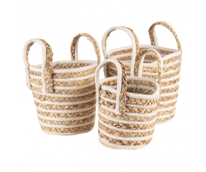 Sada 3 hnědo bílých pletených košů s uchy - Ø 21*20 / Ø 19*19 / Ø 16*15 cm Clayre & Eef