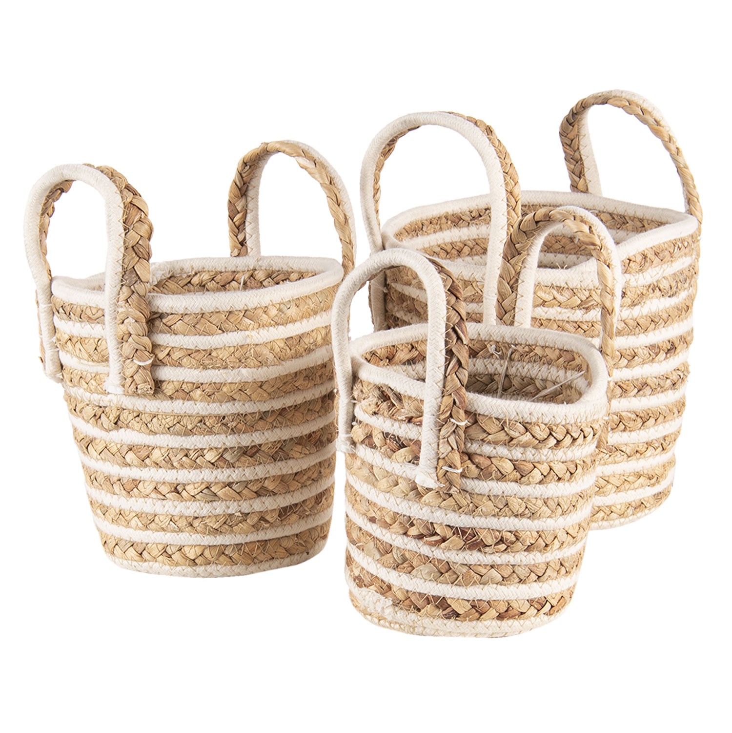 Sada 3 hnědo bílých pletených košů s uchy - Ø 21*20 / Ø 19*19 / Ø 16*15 cm Clayre & Eef Sada 3 hnědo bílých pletených košů s uchy - Ø 21*20 / Ø 19*19 / Ø 16*15 cm Clayre & Eef