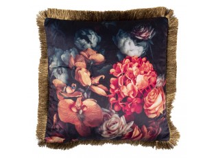Černý polštář s motivem orchidejí a třásněmi - 45*45 cm
