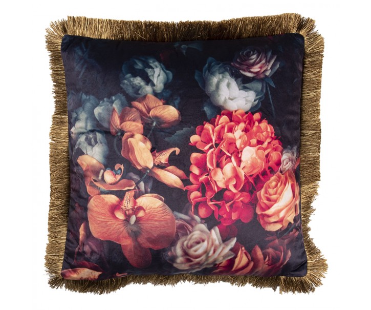 Černý polštář s motivem orchidejí a třásněmi - 45*45 cm Clayre & Eef