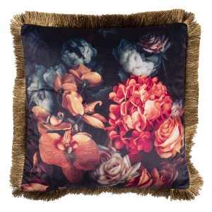 Černý polštář s motivem orchidejí a třásněmi - 45*45 cm