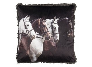 Tmavý polštář se čtyřmi hřebci a třásněmi po obvodu - 45*45 cm