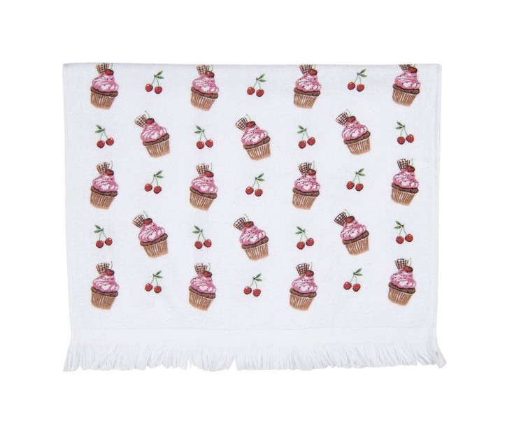 Bílý kuchyňský froté ručník s dortíčky Cherry Cupcake - 40*66 cm Clayre & Eef