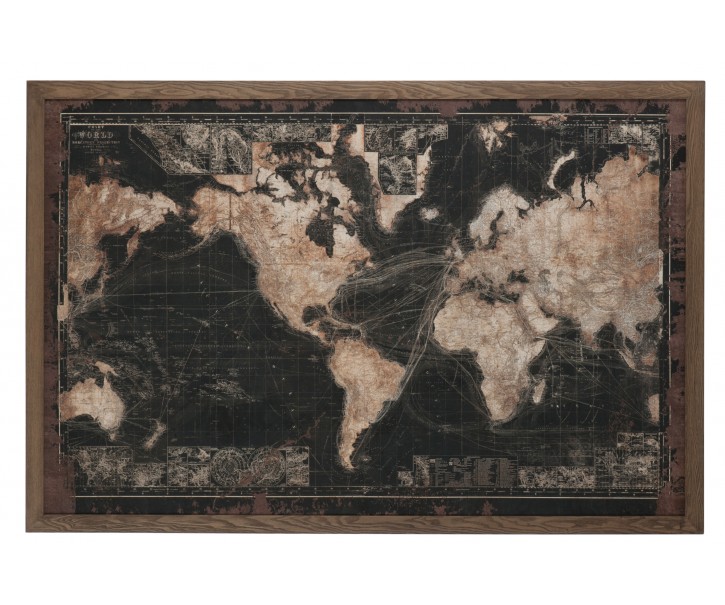 Tmavá retro mapa světa s patinou v dřevěném rámu- 175*5*116 cm J-Line by Jolipa