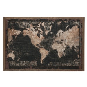 Tmavá retro mapa světa s patinou v dřevěném rámu- 175*5*116 cm