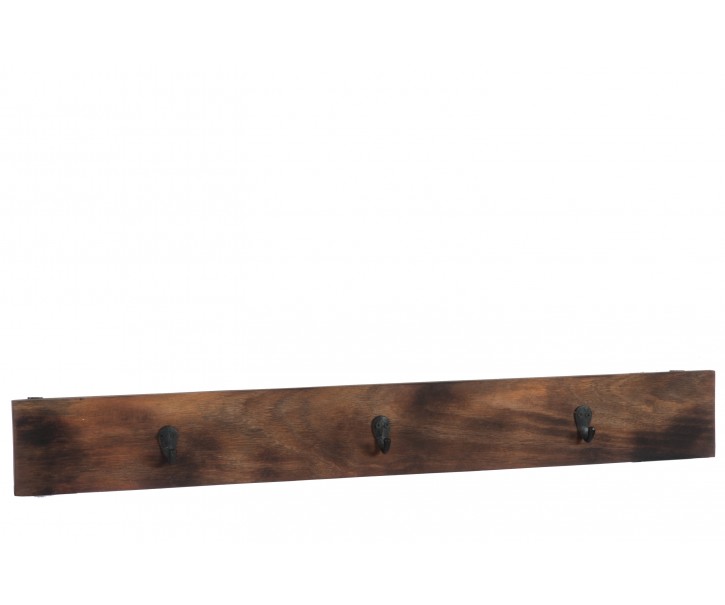 Hnědý nástěnný dřevěný věšák se 3 kovovými háčky - 100,5*5,5*12 cm J-Line by Jolipa