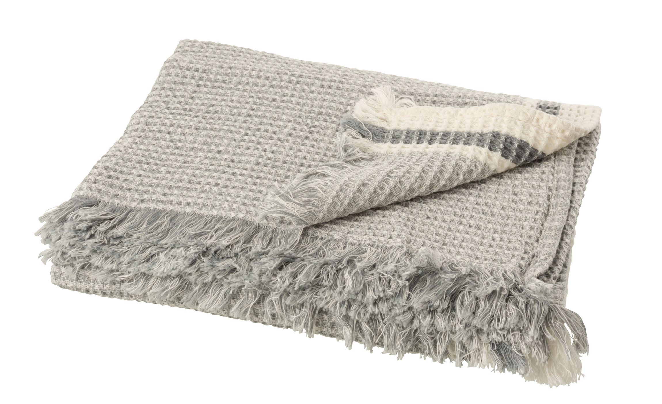 Šedý vaflovitý pléd s pruhem a třásněmi Stripe - 130*170 cm