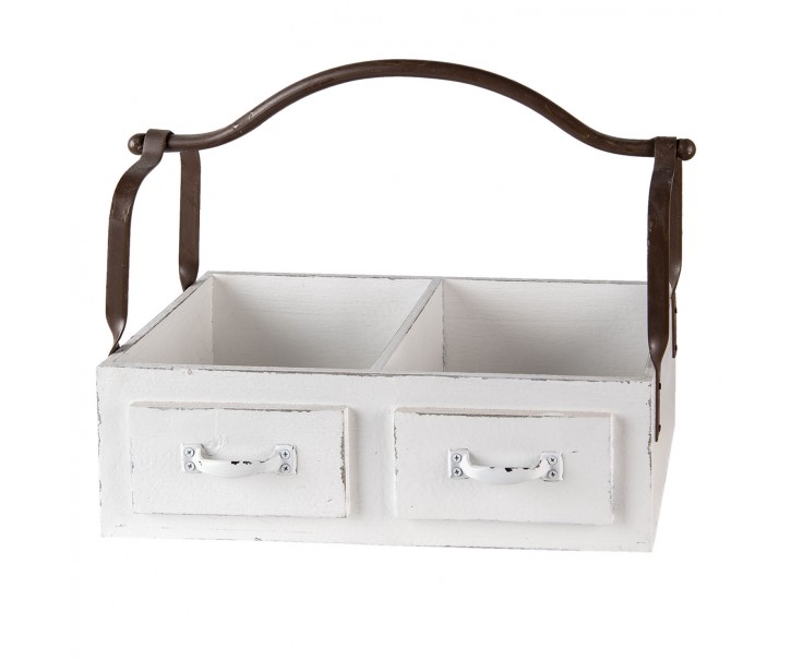 Bílý dřevěný retro box se dvěmi přihrádkami a kovovým uchem - 41*19*29 cm Clayre & Eef