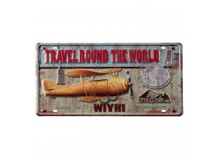 Nástěnná kovová cedule s letadlem Travel Round - 22*42 cm