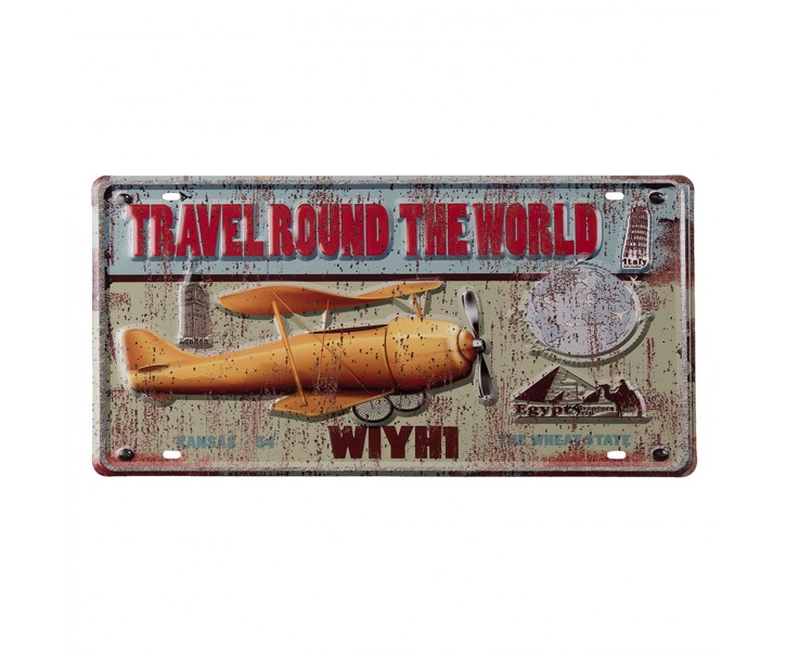 Nástěnná kovová cedule s letadlem Travel Round - 22*42 cm Clayre & Eef