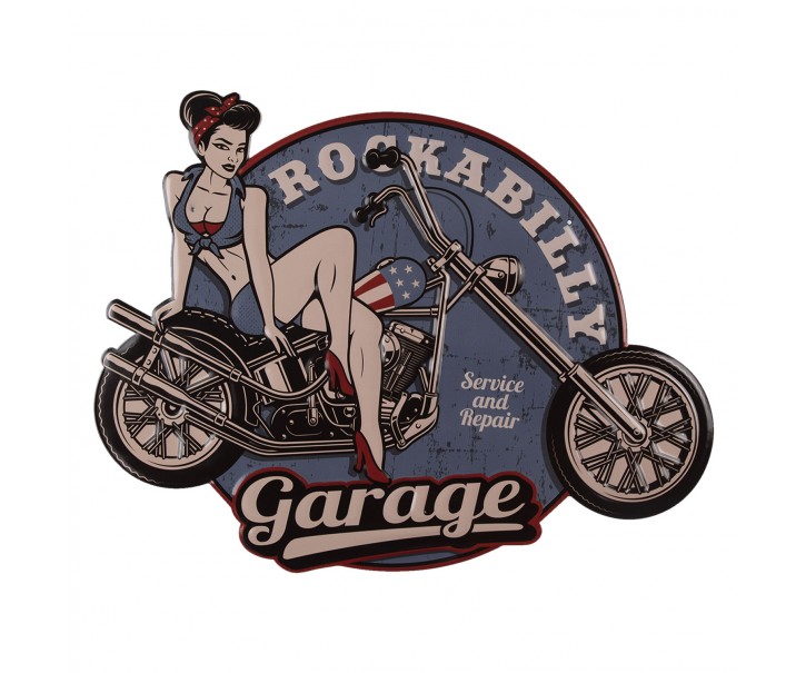 Nástěnná kovová cedule Garage se slečnou v pin-up stylu - 46*60 cm Clayre & Eef