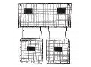 Černý kovový nástěnný stojan Set s košíky - 56*12*65 cm