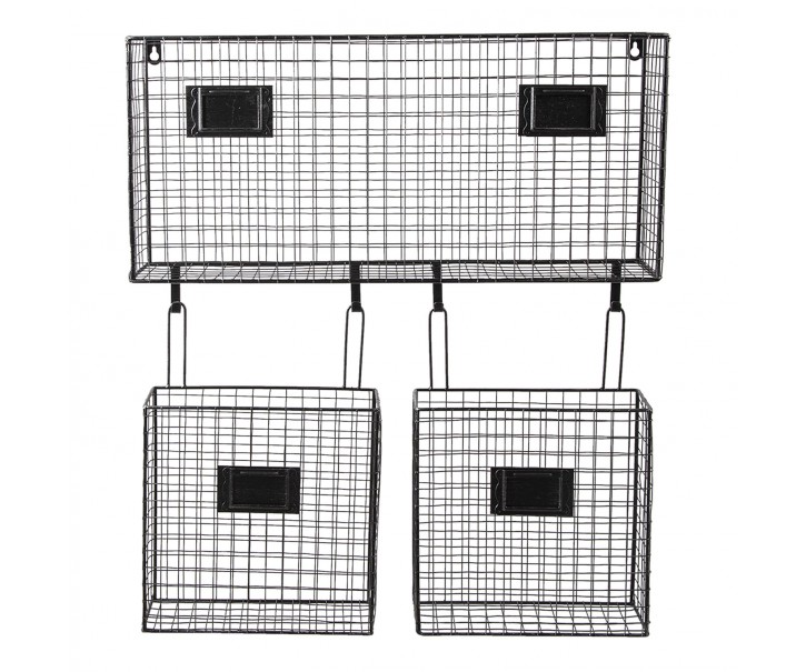 Černý kovový nástěnný stojan Set s košíky - 56*12*65 cm Clayre & Eef