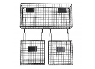 Černý kovový nástěnný stojan Set s košíky - 56*12*65 cm