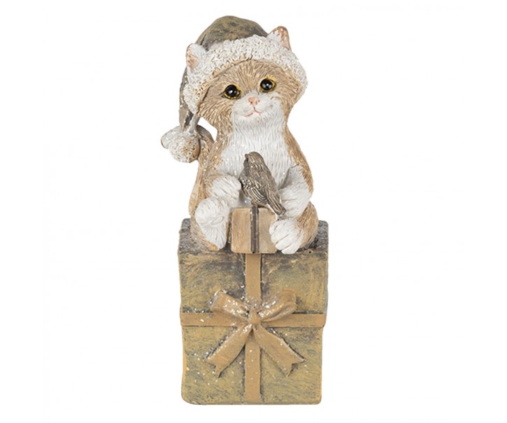 Vánoční dekorativní soška kočky s čepicí na dárku - 5*4*10 cm Clayre & Eef