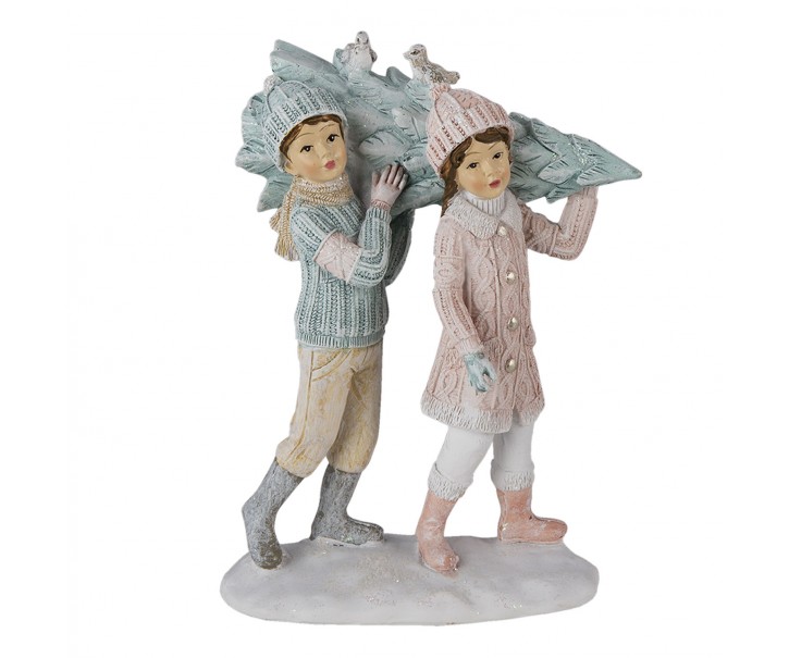 Vánoční dekorativní soušosí chlapce a dívky se stromečkem - 12*6*15 cm Clayre & Eef