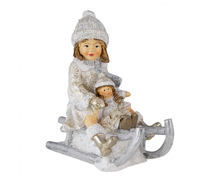 Vánoční dekorativní soška holčičky na saních s panenkou - 10*5*10 cm Clayre & Eef