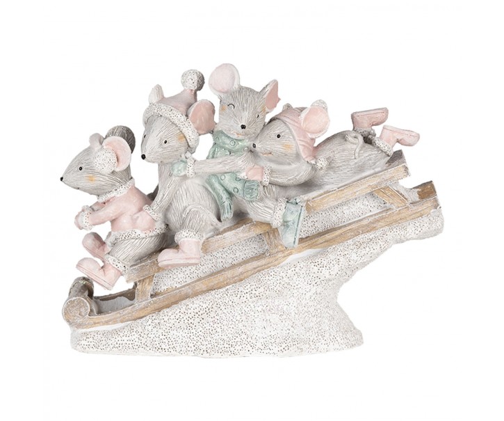 Vánoční dekorativní soška myšek na saních - 15*5*11 cm Clayre & Eef