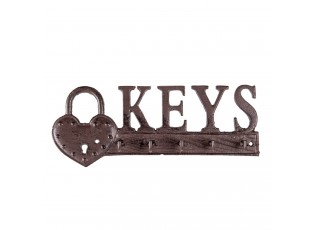 Hnědo černý litinový háček na klíče Keys - 26*3*10 cm