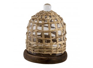 Dřevěný podnos se skleněným poklopem a pleteným potahem - Ø 18*22 cm