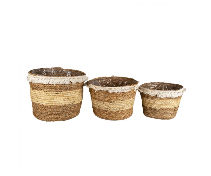 3 ks pletené košíky Lana béžovo hnědé s bílými třásněmi - Ø 32*25 / Ø 28*21 / Ø 24*18 cm Clayre & Eef