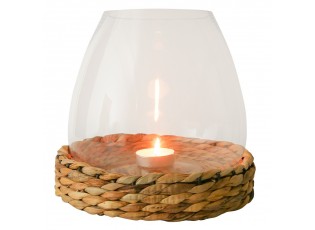 Skleněný svícen/ váza Avril s pleteným podnosem z vodního hyacintu - Ø 28*26cm