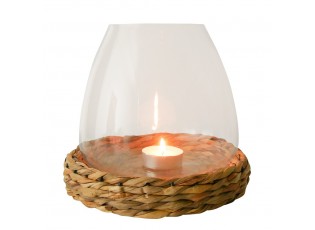 Skleněný svícen/ váza Avril s pleteným podnosem z vodního hyacintu - Ø 26*23cm